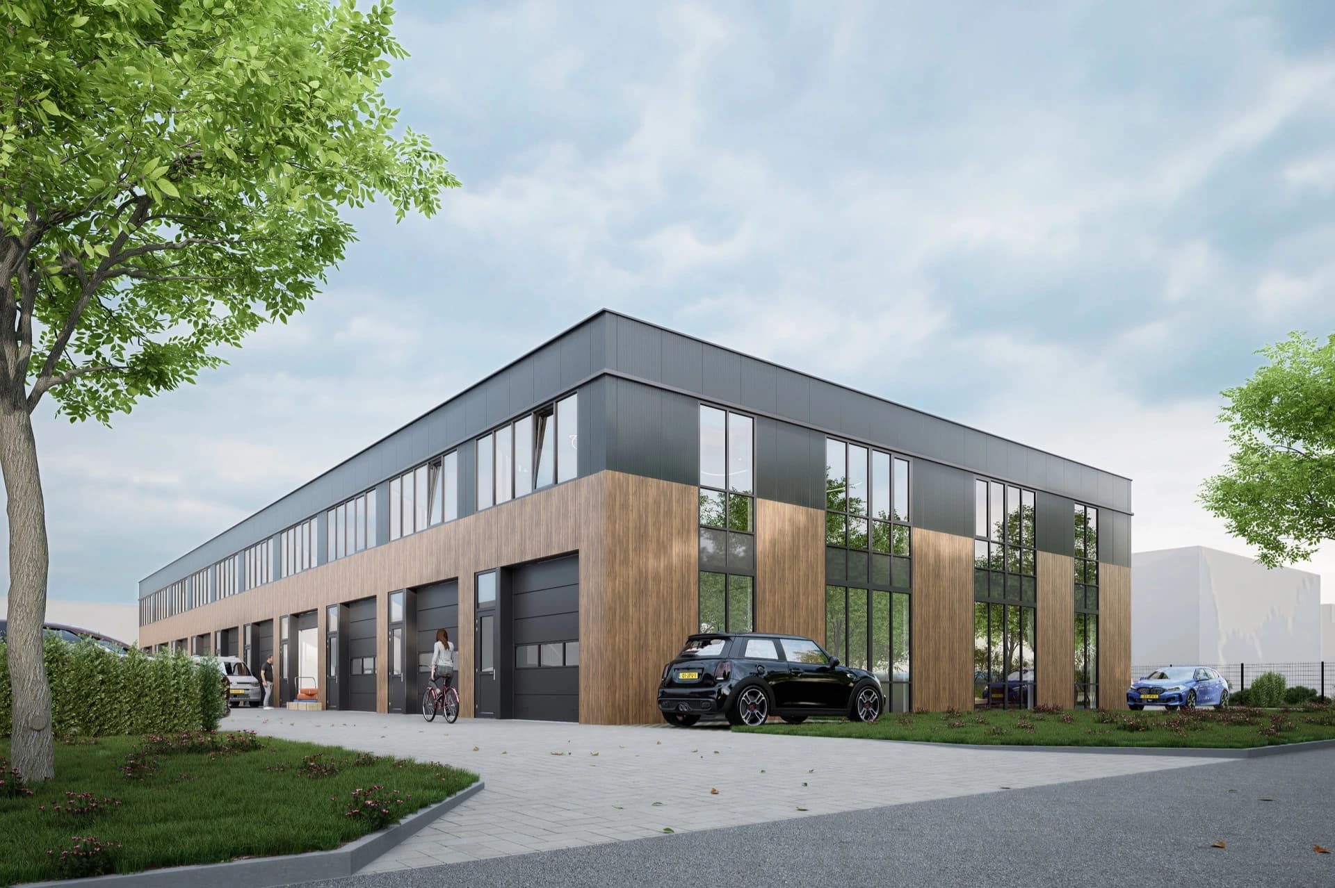Vooraanzicht van het nieuwbouwcomplex met bedrijfsunits aan de Mercuriusstraat in Doetinchem